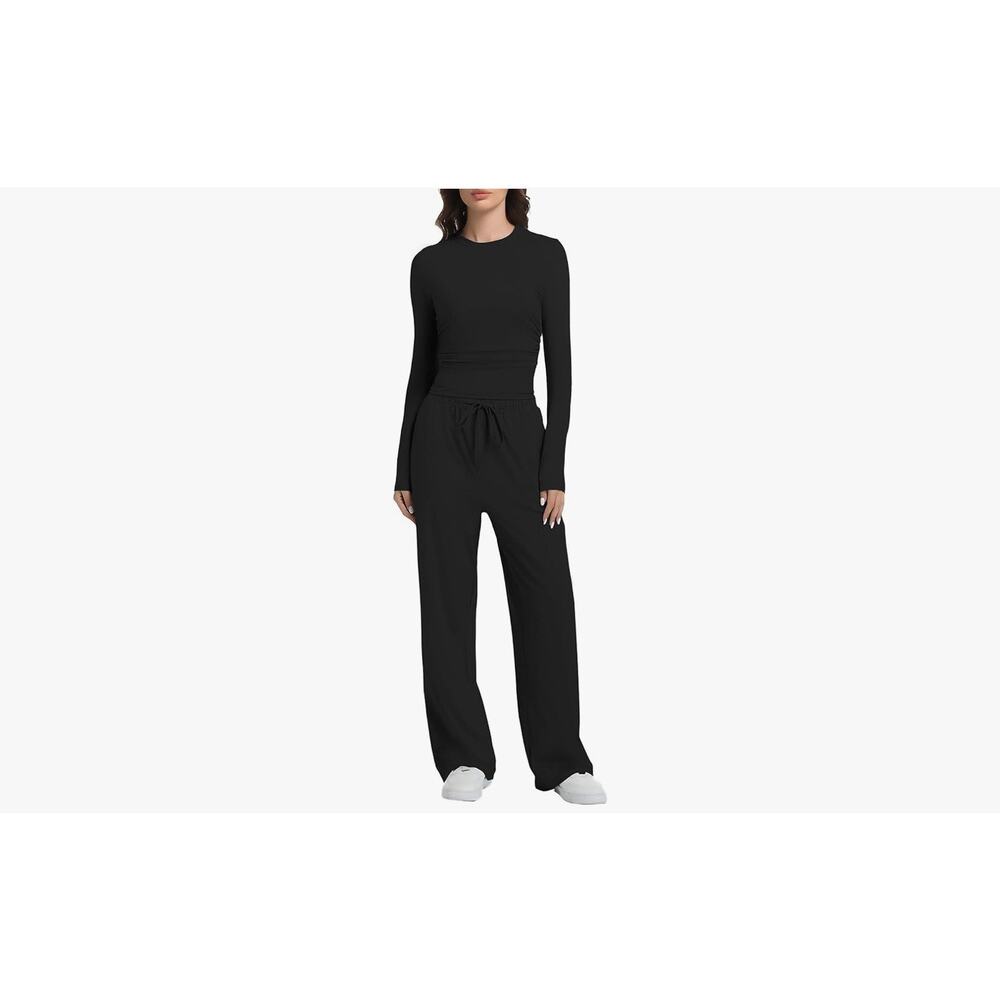 2 Piece Lounge Sets for Women Fall Outfits Long Sleeve Wide Leg Black Large